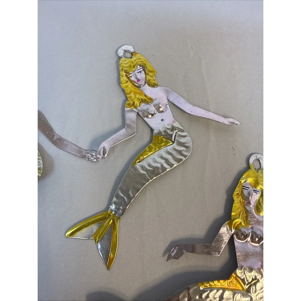 Vintage 3 Metal Mermaids Wall Decor Art Trio Gold Silver Toned Coastal Nautical
